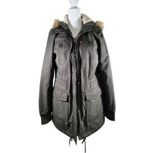 Levi's Women's‎ Parka Jacket Army Green Water Resistant with Faux Fur Hood Sz S
